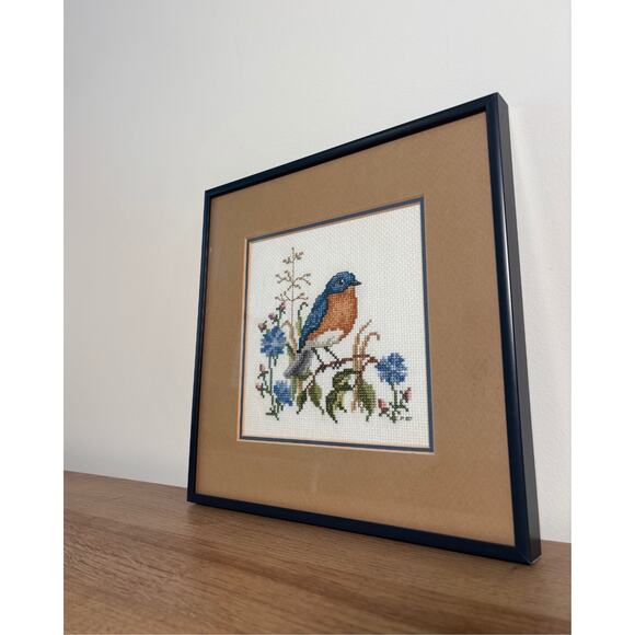 Vintage Framed Bluebird Cross-Stitch Art Handmade Bird & Floral 1987 - Picture 2 of 4